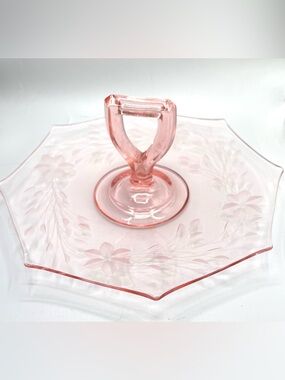 Vintage Depression Pink Etched Glass Handled Dessert Plate/ Decor